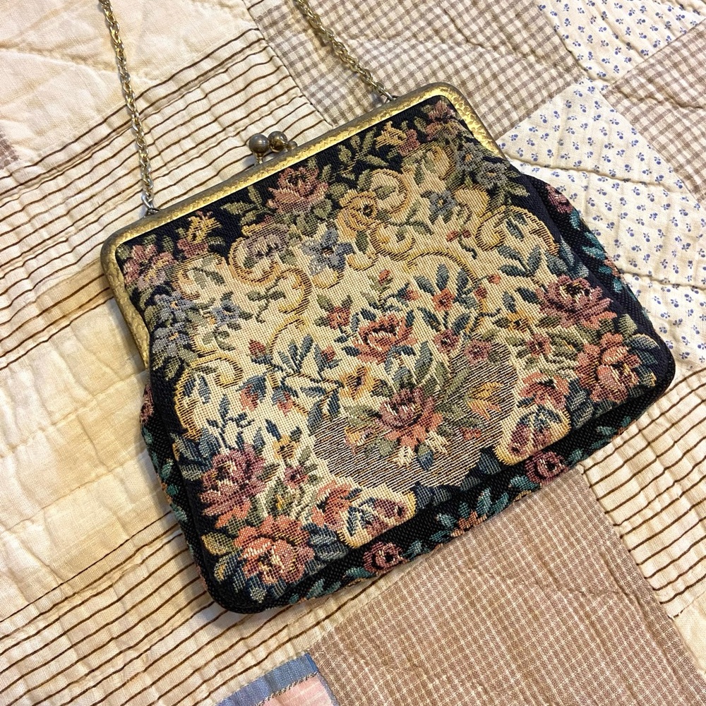 Vintage Mid-Century Floral Tapestry Evening Bag
